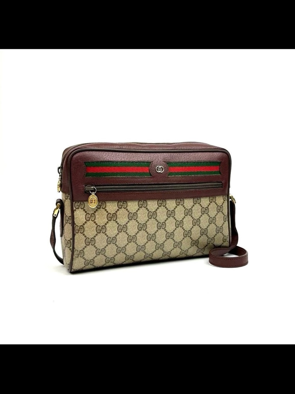 Gucci Beige GG Supreme Shoulder Bag with Brown Leather and Green-Red Stripe